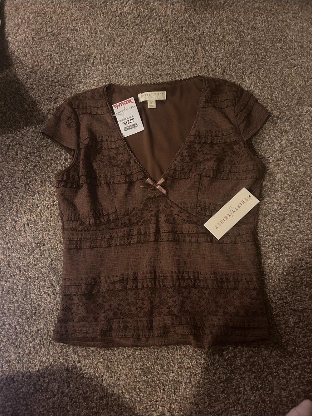 Thierry Mugler Brown Lace-Trim V-Neck Short Sleeve Top